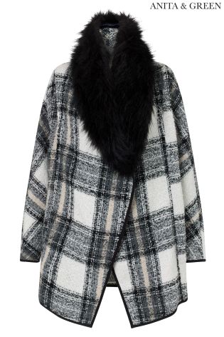 Anita & Green Faux Fur Trim Check Coat